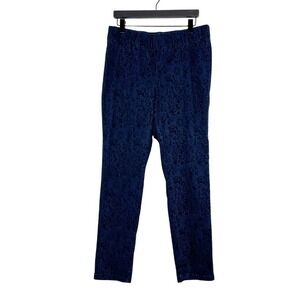 Soft Surroundings Blue Jacquard Pull On‎ Pants Women's L Stretch Slim Fit Office